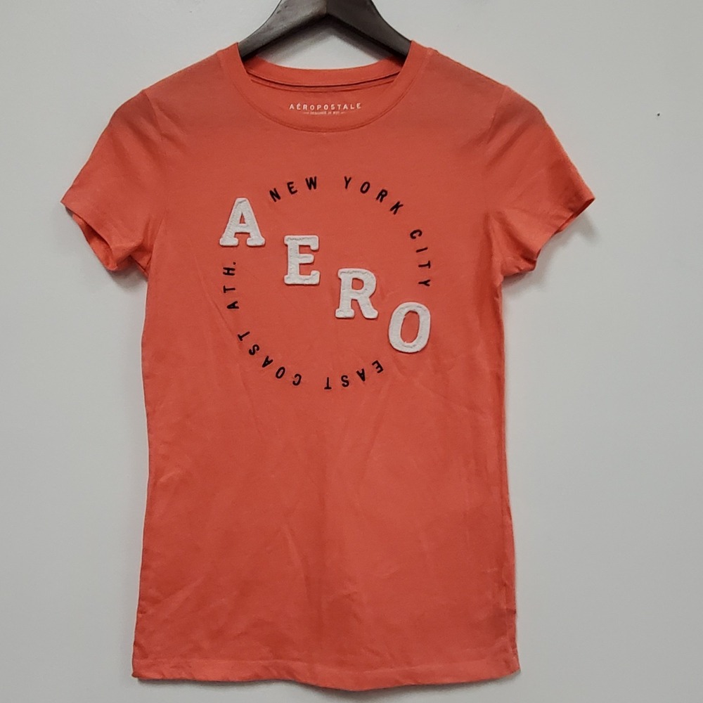 Aeropostale Women Preppy Y2K Puff Letter Short Sleeve Top Size M Orange Spellout